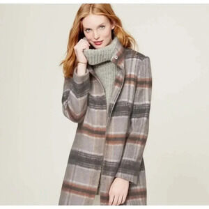 Ann Taylor Loft wool blend gray plaid funnel neck coat size XSP.